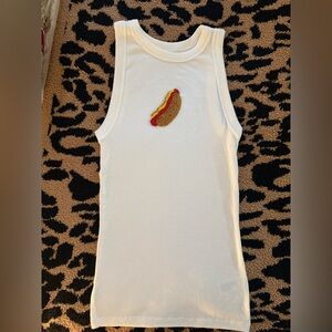 Hot Dog Hand Bead Embroidery White Tank Top (full length)